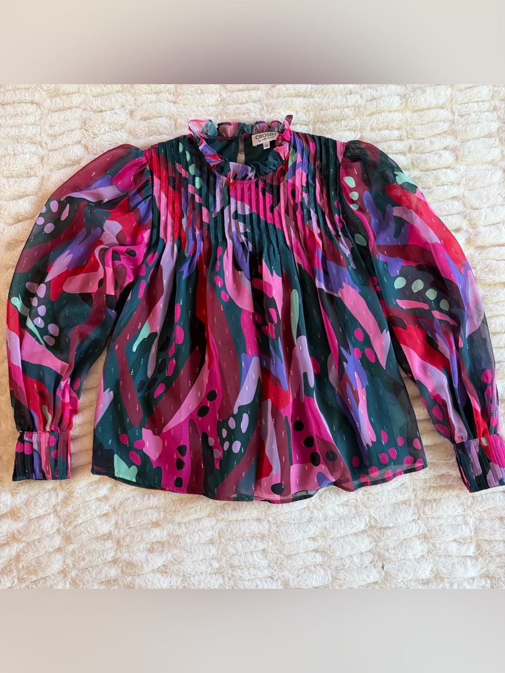 CROSBY by Mollie Burch Pink Multi Pleated Long-Sleeve Printed Blouse